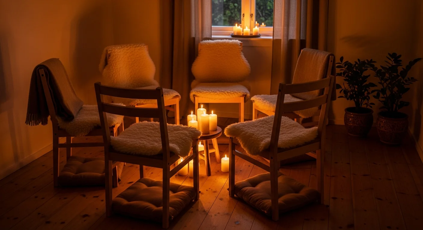 Enger Stuhlkreis mit Kissen und Kerzenlicht — warmer Raum für den Singzirkel